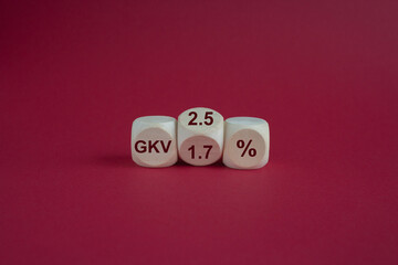 Turned a cube and changes the expression 'GKV 1.7%' to 'GKV 2.5%'. Symbol for the increase in the German public health insurance GKV contribution in Germany in 2025. Beautiful red background