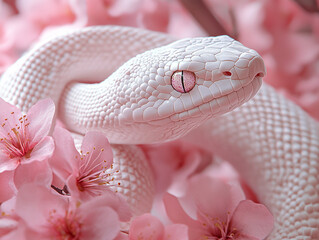 Fototapeta premium White snake resting among pink blossoms in nature