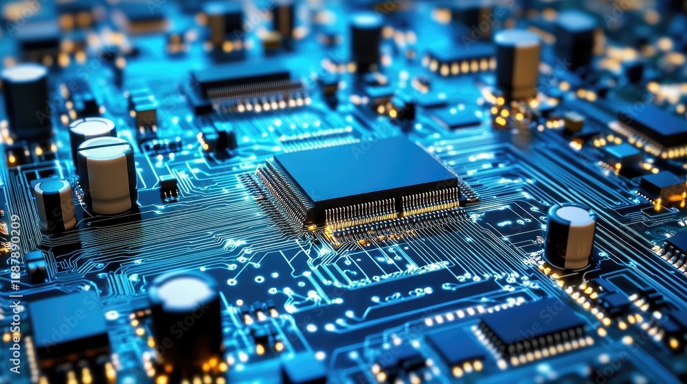 Poster a close-up of a high-tech circuit board with microchips and digital connectivity.