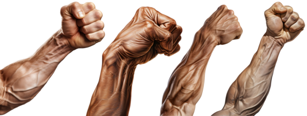 Muscular arm with clenched fist showing strength and power, isolated on transparent background