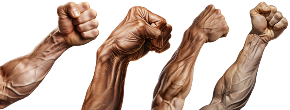 Muscular arm with clenched fist showing strength and power, isolated on transparent background