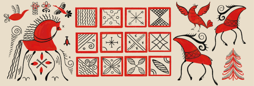 Red black geometric folk design elements, animals symbolic stickers of Slavic Mezen painting. Traditional ornament style isolated on transparent background. Horse, bird, deer, tile.