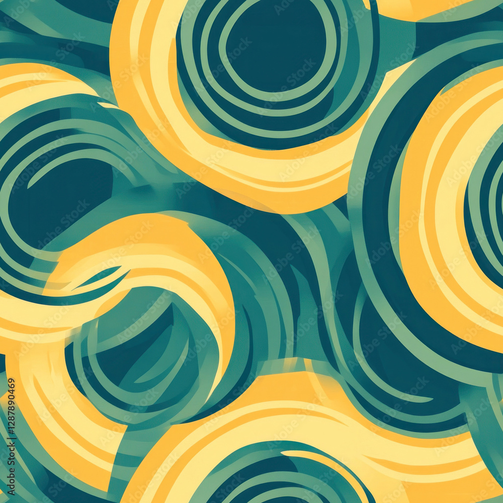 Poster swirl pattern circles intertwine, forming an abstract looping backdrop in shades of gold and teal