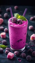 Fruit smoothie beverage wellness trend concept. A vibrant berry smoothie topped with fresh blackberries and mint, served in a clear glass with purple straws.
