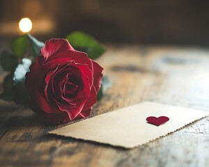 Red rose and love note on wooden table