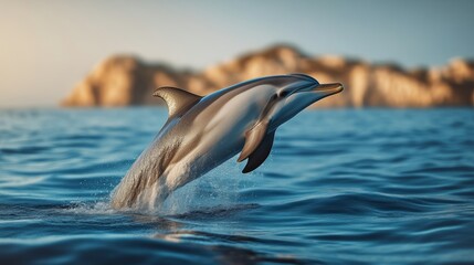 Fototapeta premium Dolphin is jumping out of the water. The water is blue and the sky is clear