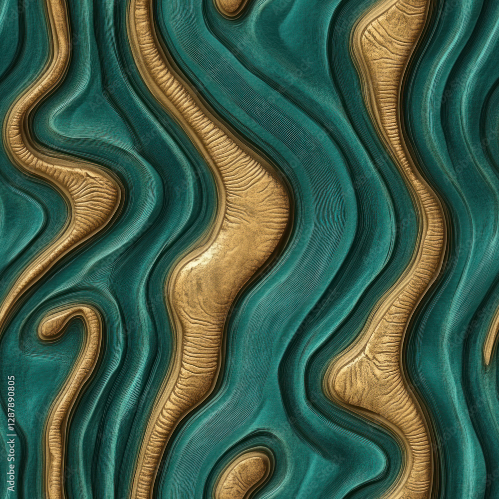 Poster swirling bronze streams through textured teal layers create an abstract, organic background pattern