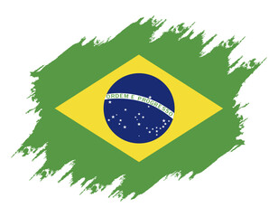 Damaged Brazil flag. Flag Brazil with grunge texture. Independence Day. Banner, poster template. National flag Brazil with coat arms. State flag Brazil is drawn in ink.