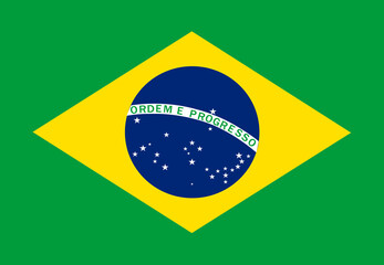 Fototapeta premium Classic flag Brazil. Official flag Brazil with size proportions and original color. Standard color and size. Independence Day. Banner template. National flag of Brazil with coat arms.