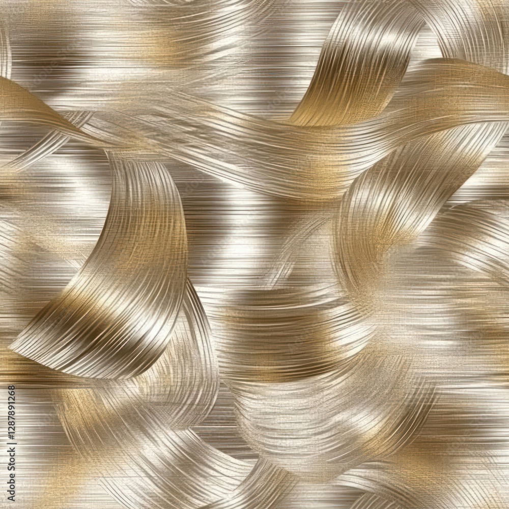 Poster swirling golden strands cascade across horizontal striped backdrop, creating elegant abstract moveme