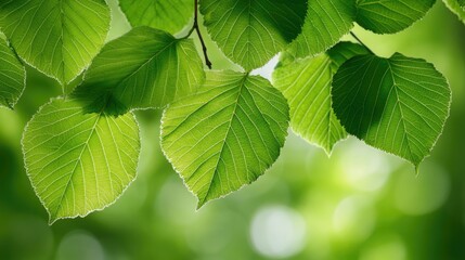 Fototapeta na wymiar A cluster of fresh, vibrant green leaves swaying gently in the breeze with a blurred nature backdrop.