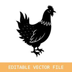 Hen, chicken. Vintage logo, retro print, poster for Butchery meat shop, hen silhouette. Logo template for meat business, meat shop. Isolated black silhouette hen, white background. Vector Illustration