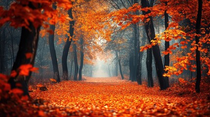 A colorful autumn forest with leaves in vibrant shades of orange, red, and yellow.