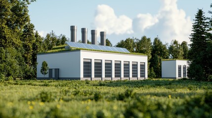 Obraz premium Eco-Conscious Manufacturing A futuristic factory using biomass energy, with green rooftops, solar panels, and a near-zero carbon footprint