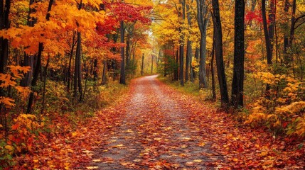 A colorful autumn forest with leaves in vibrant shades of orange, red, and yellow.