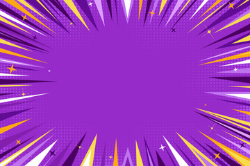 Purple comic book cartoon background. Modern creative pop art purple background with halftone and stars. Pop art speed zoom backdrop in purple, white and yellow tones © DesignToonsy