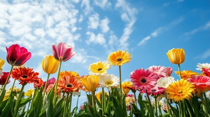 Fototapeta premium A colorful garden filled with vibrant flowers, including daisies, tulips, and lilies, under a bright blue sky.