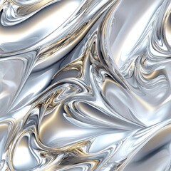 Swirling, reflective liquid silver with gold accents creates abstract shapes, shiny, dynamic background