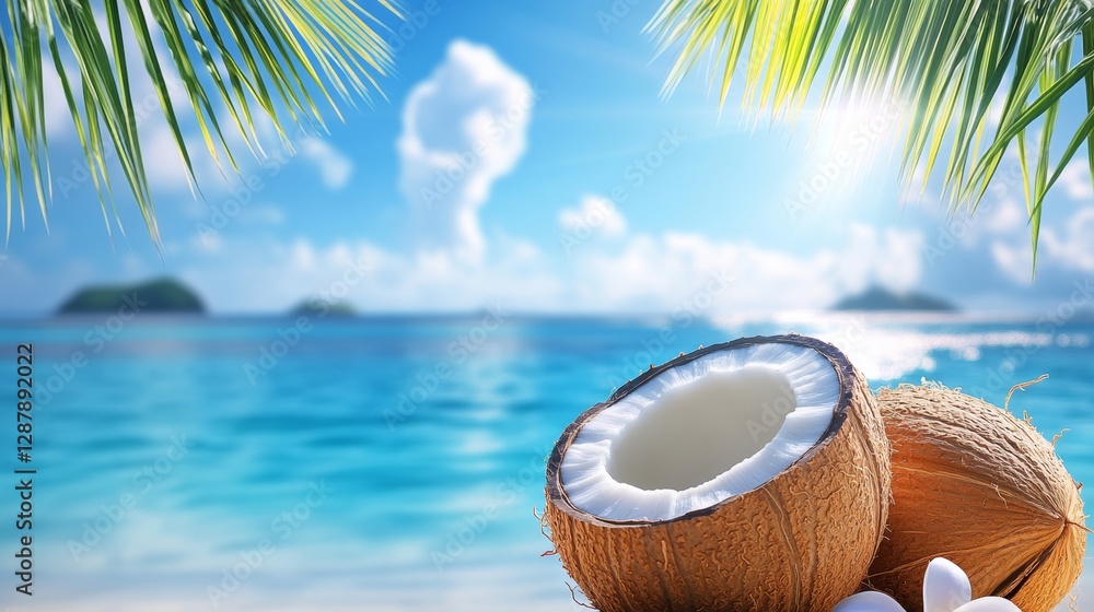 Poster couple of coconuts are on a beach with the ocean in the background. the coconuts are open and the be