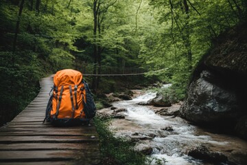 Narrow wooden bridge suspended over rushing water with an orange backpack in a lush green forest. Generative AI