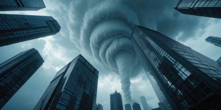 Dramatic Tornado Swirling Above Modern City Skyline with Skyscrapers and Dark Stormy Clouds in a Powerful Weather Phenomenon
