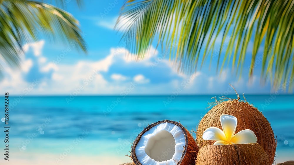 Aufkleber couple of coconuts and a flower are on a beach. the coconuts are open and the flower is on top of on