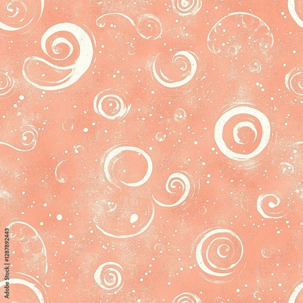 Poster swirls and dots scattered on textured coral backdrop creates a soft, abstract patterned design