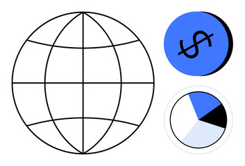 Globe with grid lines, blue circle with dollar sign, black and blue pie chart showing data distribution. Ideal for finance, global economy, data analysis, business strategy, investment, marketing