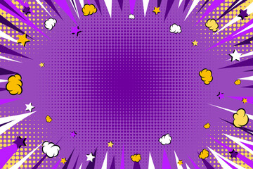 Comic cartoon purple background with motion rays and clouds. Modern creative pop art purple background with halftone, clouds and stars. Pop art speed zoom backdrop in purple, white and yellow tones