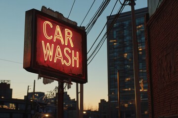 Bright neon car wash sign glowing during twilight hours in an urban setting. Generative AI