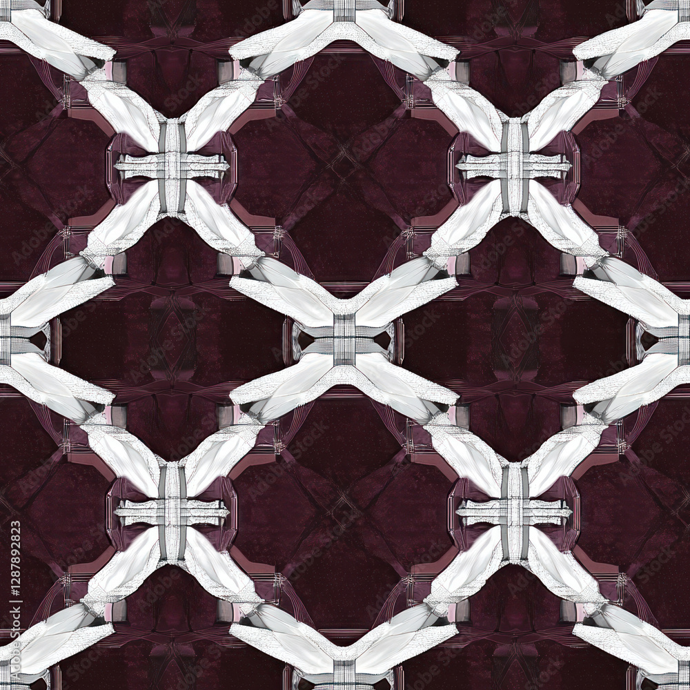 Poster symmetric silver cross design on blurred maroon background with patterned repeating arrangement