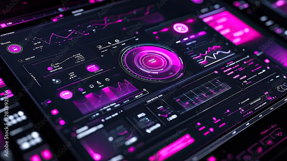 Poster a dark digital sales interface with graphs, transaction summaries, and revenue projections.