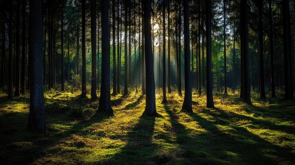 Fototapeta premium A dark evergreen forest with tall trees casting long shadows on the forest floor, creating a moody atmosphere.