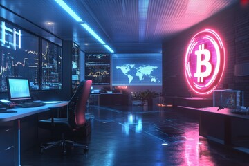 Obraz premium Neon lit crypto trading room showcasing advanced technology and market analytics. Generative AI
