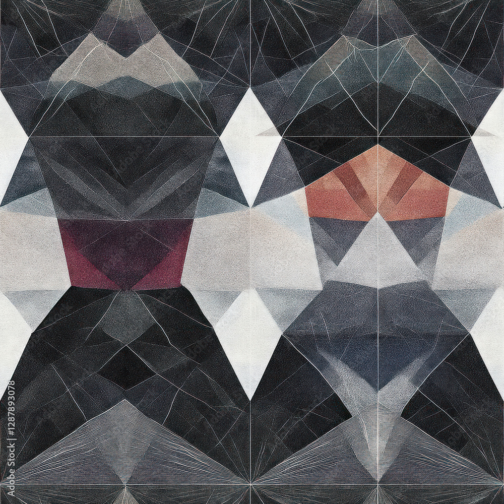 Poster symmetrical figures repeating, geometrical design. abstract shapes on dark patterned backdrop