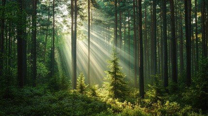A dense evergreen forest with deep green pine trees and rays of sunlight peeking through the branches.