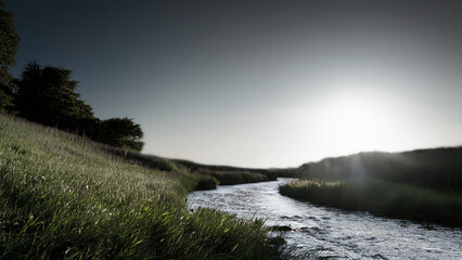 Fototapeta premium Sunlit Stream Meadow Serene Landscape