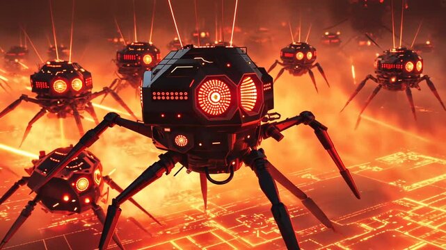 A swarm of menacing, futuristic spider-like machines emitting red energy and standing over a city.