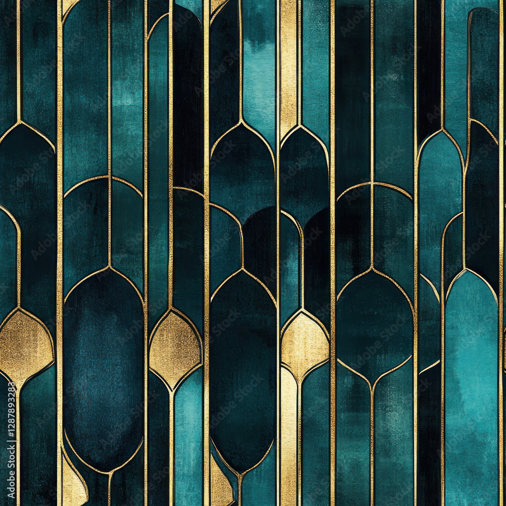Poster teal & gold geometric pattern with vertical lines on textured abstract backdrop