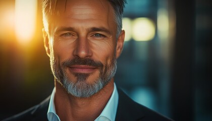 Fototapeta premium Man with a beard and a smile is wearing a suit and tie. He is standing in front of a window with a view of the sky