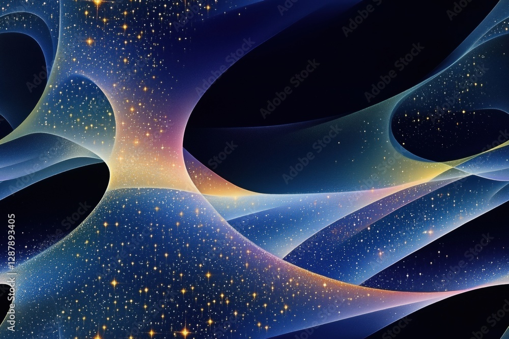 Poster a mesmerizing abstract representation of space with flowing curves and a starry background. the colo