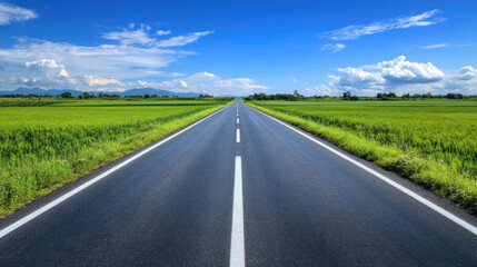 Wide road into distance, flanked by green fields and blue sky. High-definition, horizontal composition. Serene beauty.