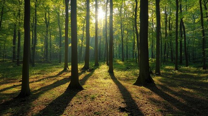 Fototapeta premium A dense woodland with towering trees, casting long shadows on the forest floor, creating a tranquil and calming scene.