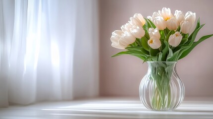 Fototapeta premium Vase of white flowers sits on a table in front of a window. The flowers are in full bloom and the vase is clear, allowing the light to shine through and illuminate the flowers