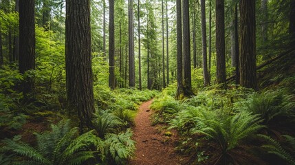 Fototapeta premium A dense woodland with towering trees, thick ferns, and a winding trail leading deeper into the forest, creating a sense of calm.