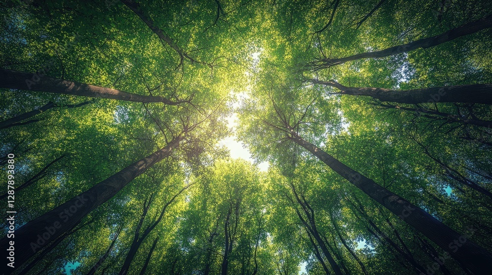 Poster a dense woodland with trees stretching high into the sky, their branches creating a dense canopy tha