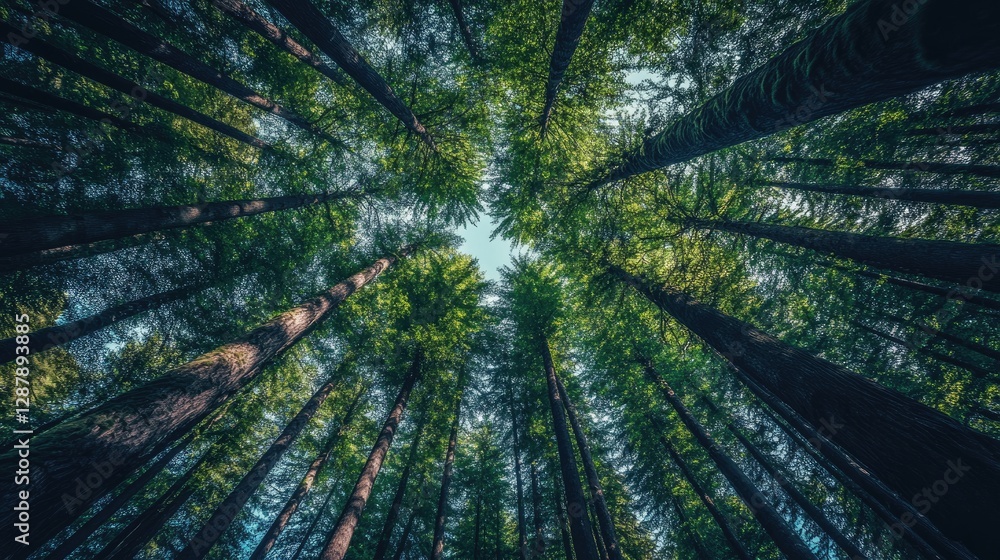 Poster a dense woodland with trees stretching high into the sky, their branches creating a dense canopy tha