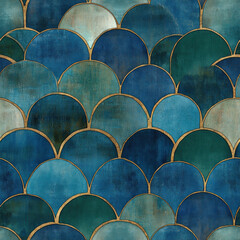 Fototapeta premium Teal, blue textured scale pattern with gold outlines forming a seamless, decorative repeating background