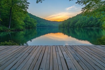 Obraz premium Lakeside wooden dock at sunset over calm water