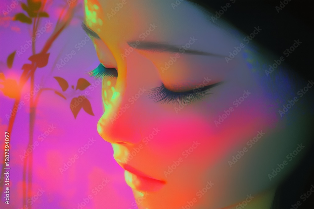 Poster a serene close-up of a young woman's face with closed eyes, surrounded by colorful abstract patterns
